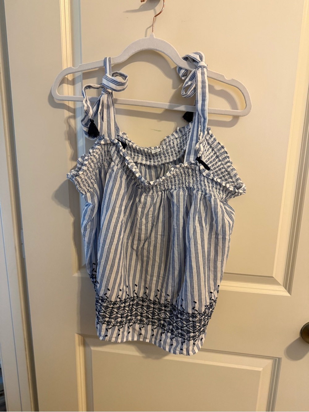 Never Worn Old Navy Blue and White Striped Tie-Shoulder Tank Top